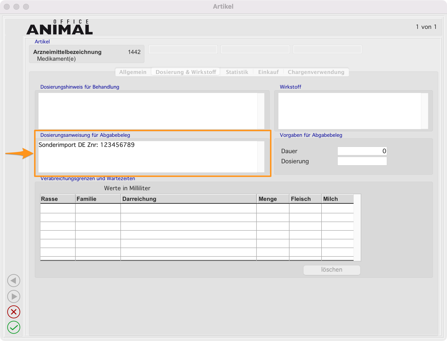 Artikel > Bestand > Dosierung & Wirkstoff